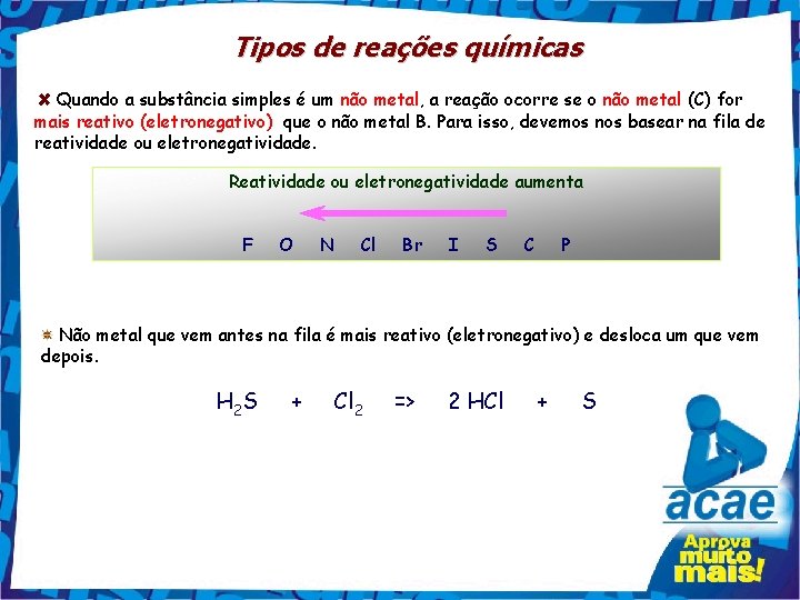 Tipos de reações químicas Quando a substância simples é um não metal, a reação