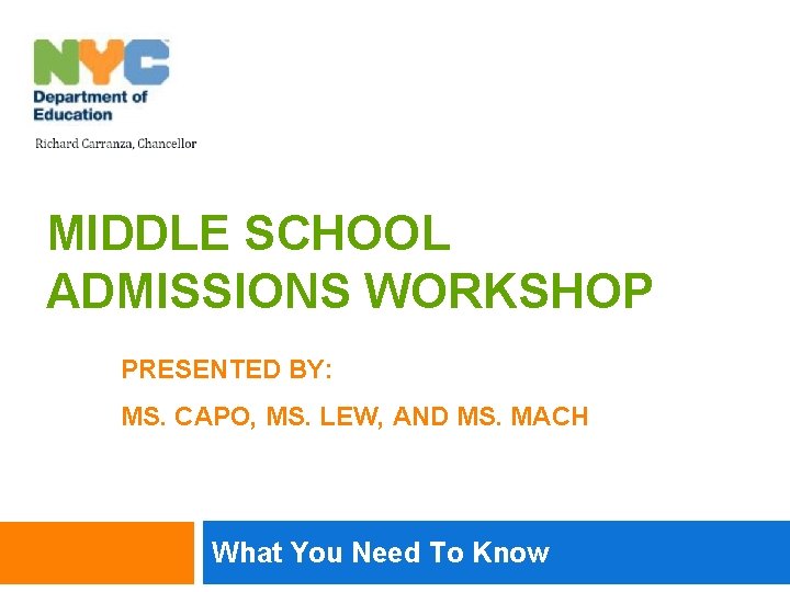 MIDDLE SCHOOL ADMISSIONS WORKSHOP PRESENTED BY: MS. CAPO, MS. LEW, AND MS. MACH What