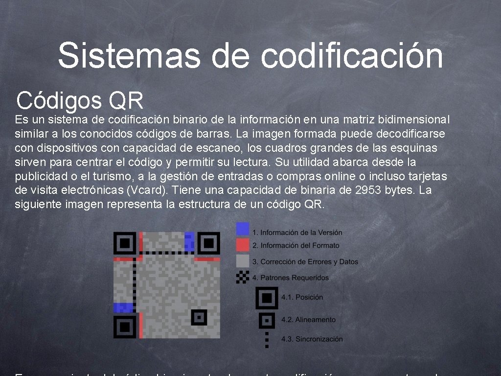 Sistemas de codificación Códigos QR Es un sistema de codificación binario de la información