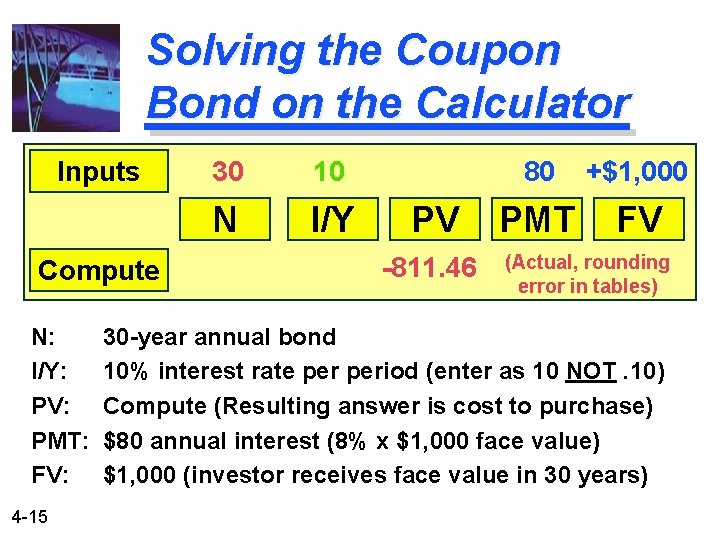 Solving the Coupon Bond on the Calculator Inputs Compute N: I/Y: PV: PMT: FV: