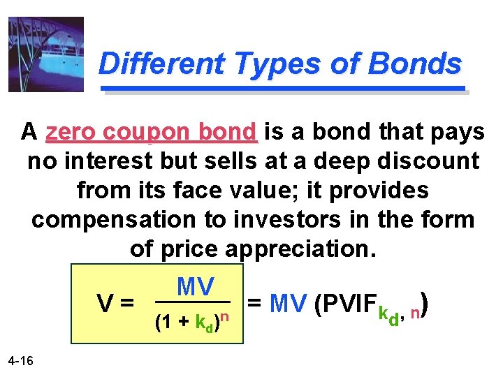 Different Types of Bonds A zero coupon bond is a bond that pays no