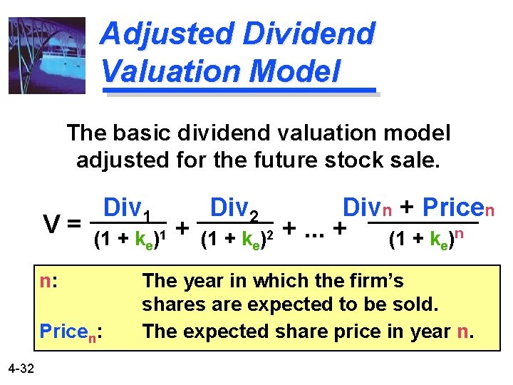 Adjusted Dividend Valuation Model The basic dividend valuation model adjusted for the future stock