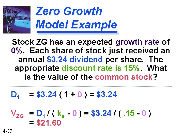 Zero Growth Model Example Stock ZG has an expected growth rate of 0%. Each