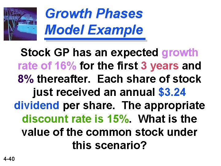 Growth Phases Model Example Stock GP has an expected growth rate of 16% for