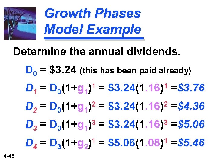 Growth Phases Model Example Determine the annual dividends. D 0 = $3. 24 (this