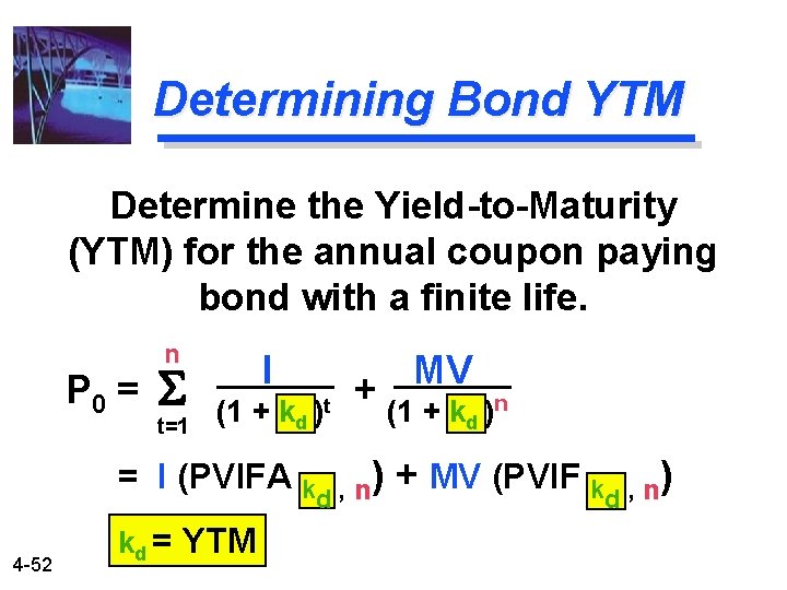 Determining Bond YTM Determine the Yield-to-Maturity (YTM) for the annual coupon paying bond with