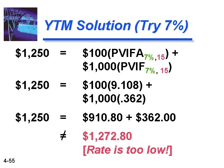YTM Solution (Try 7%) 4 -55 $1, 250 = $100(PVIFA 7%, 15) + $1,
