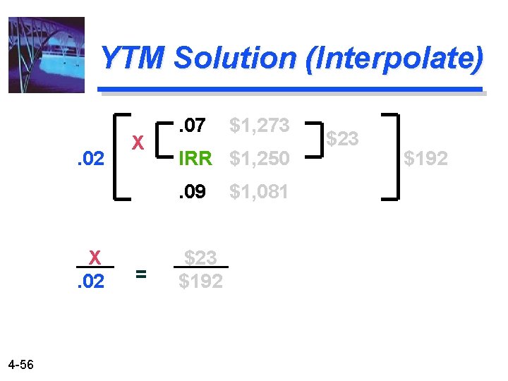 YTM Solution (Interpolate). 02 X . 07 IRR $1, 250. 09 X. 02 4