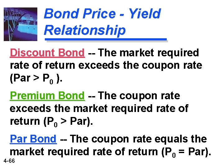 Bond Price - Yield Relationship Discount Bond -- The market required rate of return