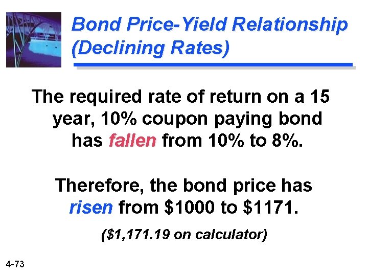 Bond Price-Yield Relationship (Declining Rates) The required rate of return on a 15 year,