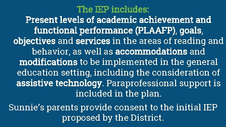 The IEP includes: Present levels of academic achievement and functional performance (PLAAFP), goals, objectives