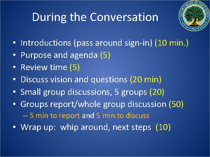 During the Conversation • • • Introductions (pass around sign-in) (10 min. ) Purpose