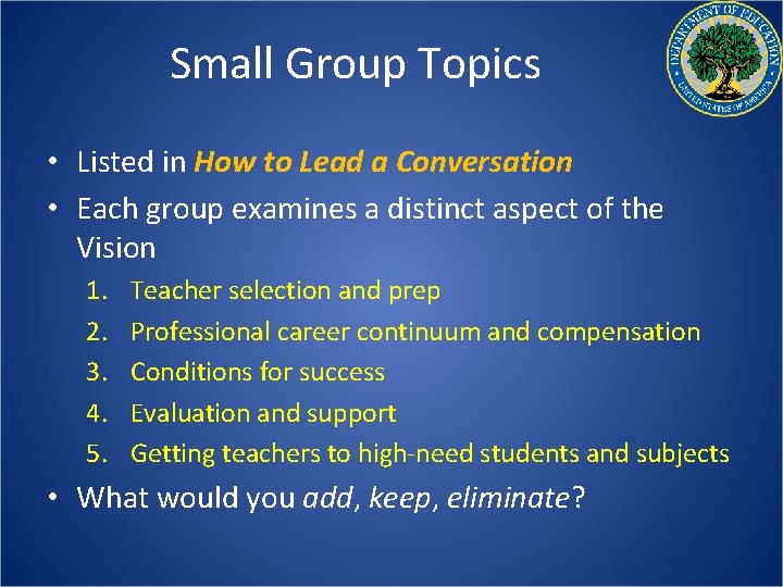 Small Group Topics • Listed in How to Lead a Conversation • Each group