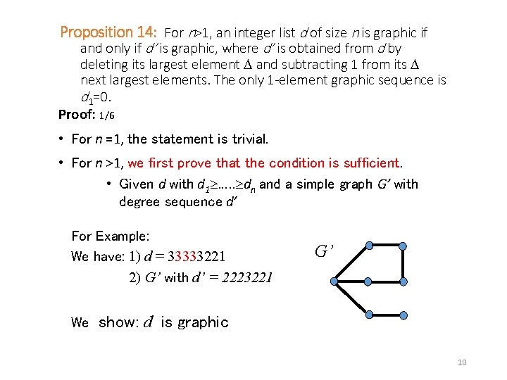 Proposition 14: For n>1, an integer list d of size n is graphic if