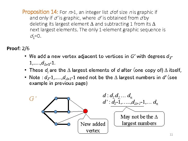 Proposition 14: For n>1, an integer list d of size n is graphic if