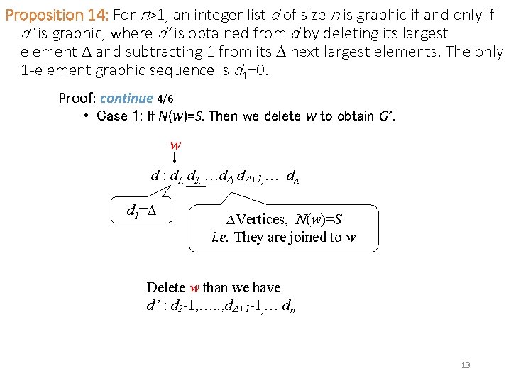 Proposition 14: For n>1, an integer list d of size n is graphic if