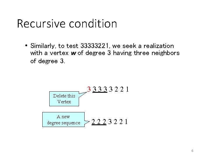 Recursive condition • Similarly, to test 33333221, we seek a realization with a vertex