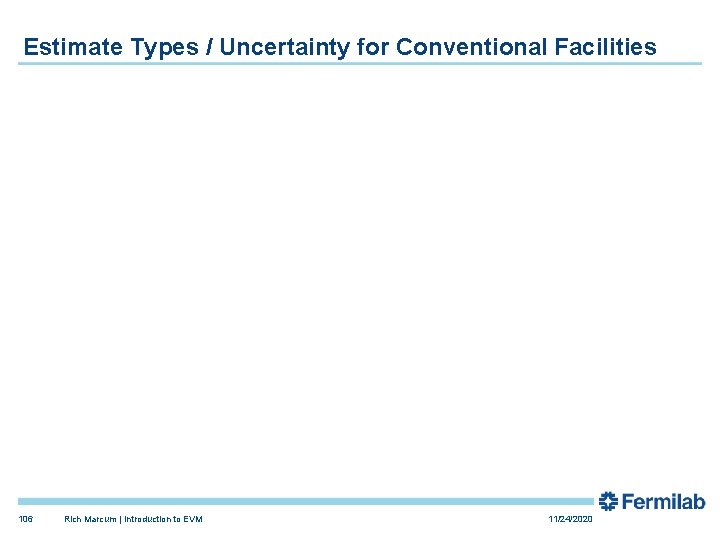 Estimate Types / Uncertainty for Conventional Facilities 106 Rich Marcum | Introduction to EVM