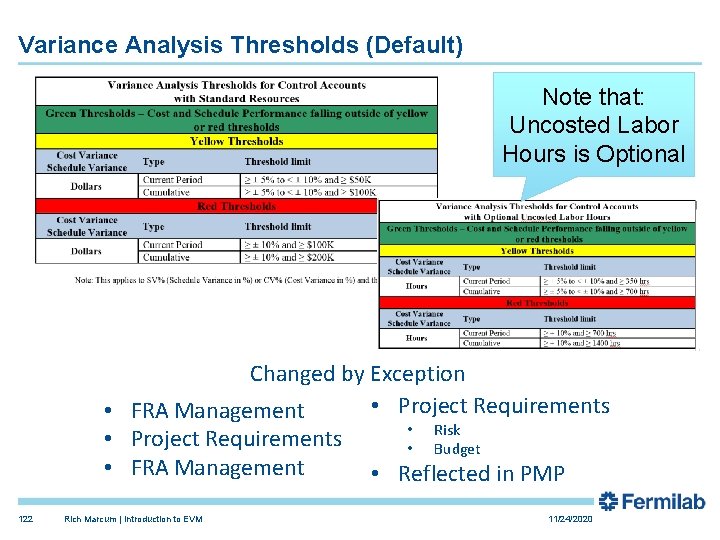 Variance Analysis Thresholds (Default) Note that: Uncosted Labor Hours is Optional Changed by Exception Variance Analysis Thresholds (Default) Note that: Uncosted Labor Hours is Optional Changed by Exception