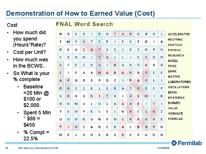 Demonstration of How to Earned Value (Cost) Cost • How much did you spend