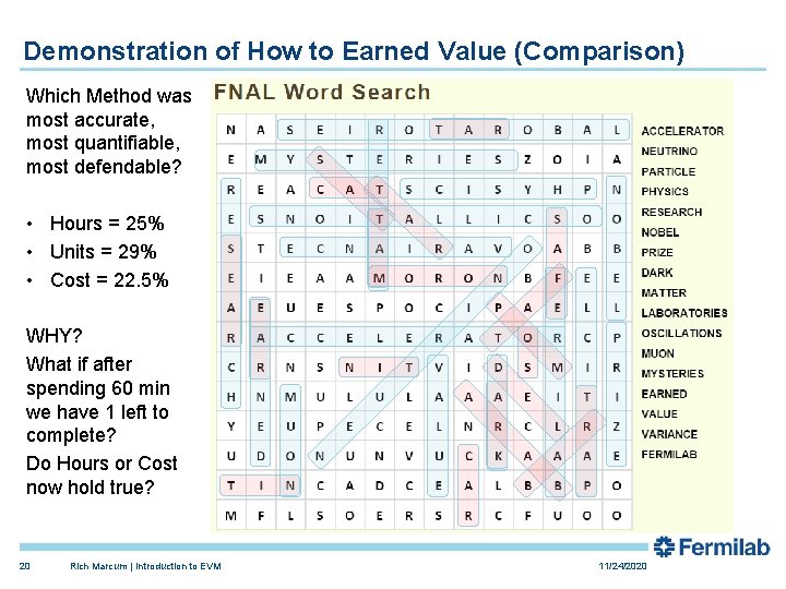 Demonstration of How to Earned Value (Comparison) Which Method was most accurate, most quantifiable,