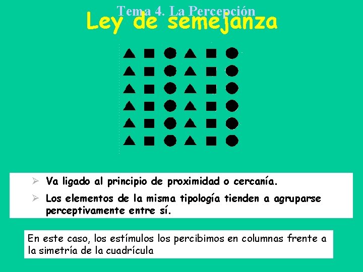 Tema 4. La Percepción Ley de semejanza Ø Va ligado al principio de proximidad