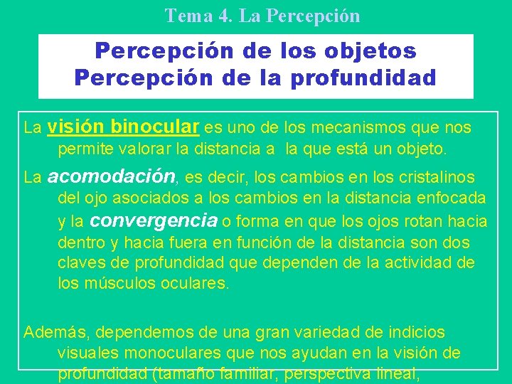 Tema 4. La Percepción de los objetos Percepción de la profundidad La visión binocular