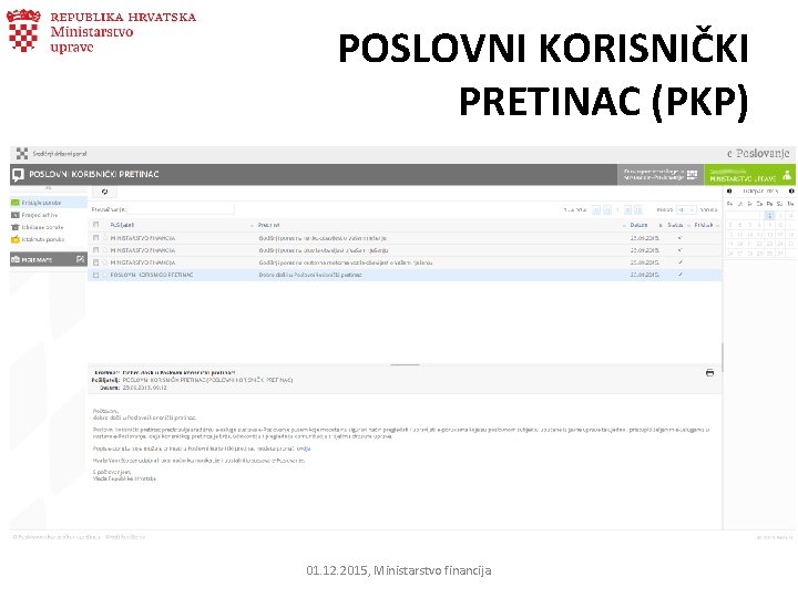 POSLOVNI KORISNIČKI PRETINAC (PKP) 01. 12. 2015, Ministarstvo financija 