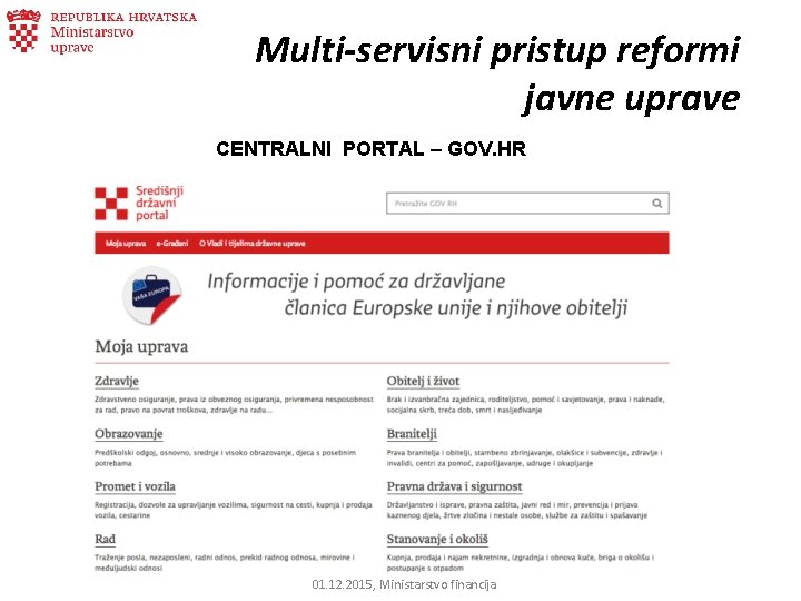 Multi-servisni pristup reformi javne uprave CENTRALNI PORTAL – GOV. HR 01. 12. 2015, Ministarstvo