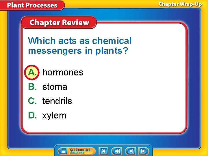 Which acts as chemical messengers in plants? A. hormones B. stoma C. tendrils D.