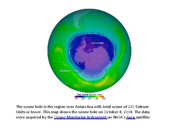 The ozone hole is the region over Antarctica with total ozone of 220 Dobson