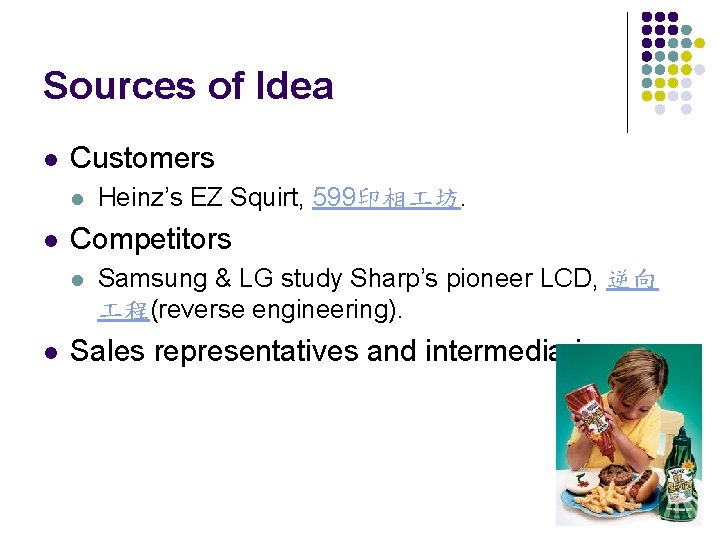 Sources of Idea l Customers l l Competitors l l Heinz’s EZ Squirt, 599印相