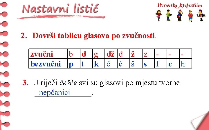 2. Dovrši tablicu glasova po zvučnosti. zvučni b bezvučni p d g dž đ