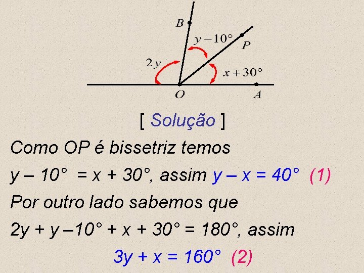 [ Solução ] Como OP é bissetriz temos y – 10° = x +