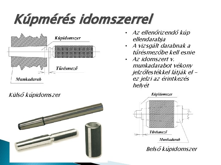 Kúpmérés idomszerrel • Az ellenőrizendő kúp ellendarabja • A vizsgált darabnak a tűrésmezőbe kell