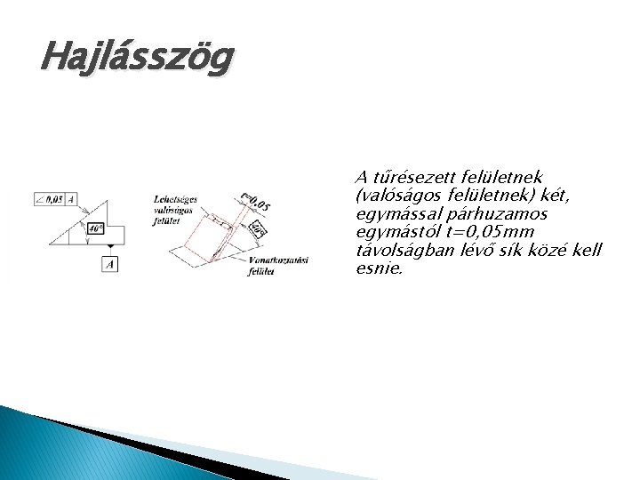 Hajlásszög A tűrésezett felületnek (valóságos felületnek) két, egymással párhuzamos egymástól t=0, 05 mm távolságban