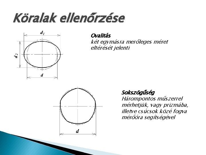 Köralak ellenőrzése Ovalitás két egymásra merőleges méret eltérését jelenti Sokszögűség Hárompontos műszerrel mérhetjük, vagy