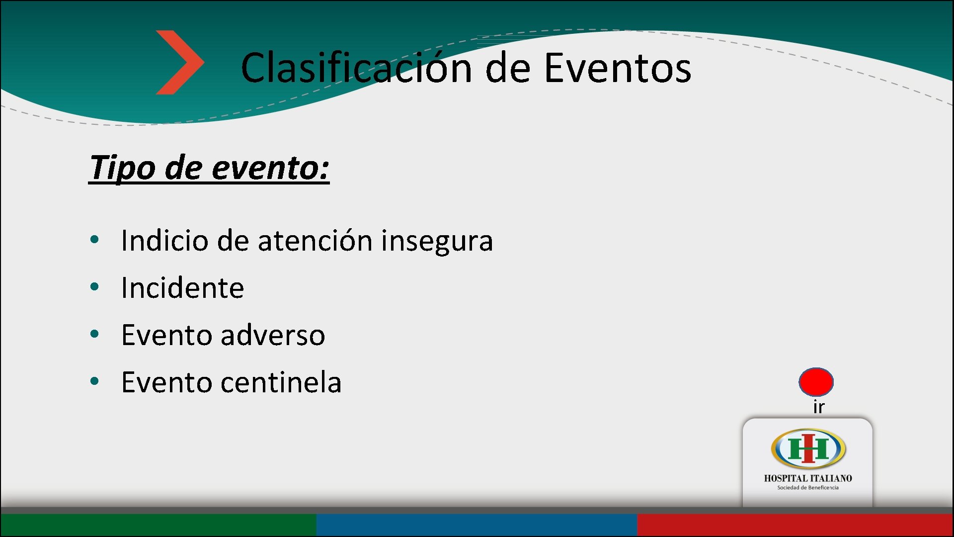 Clasificación de Eventos Tipo de evento: • • Indicio de atención insegura Incidente Evento