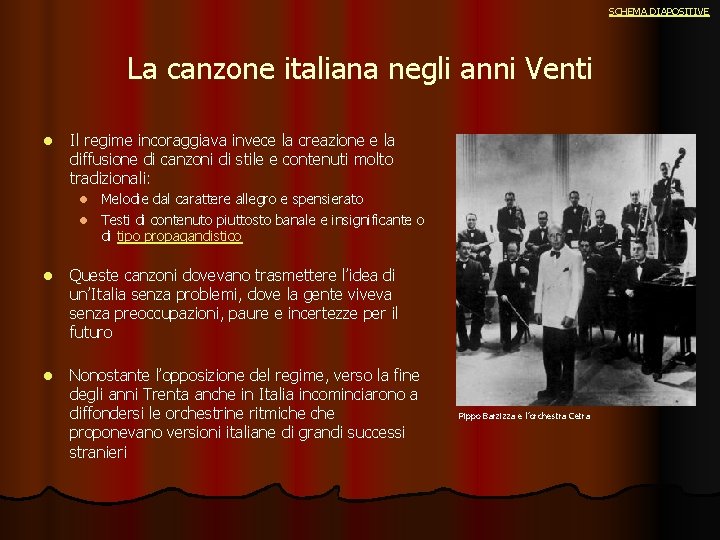 SCHEMA DIAPOSITIVE La canzone italiana negli anni Venti l Il regime incoraggiava invece la