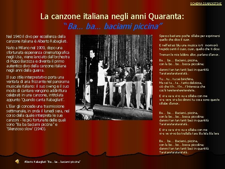 SCHEMA DIAPOSITIVE La canzone italiana negli anni Quaranta: “Ba… baciami piccina” Nel 1940 il