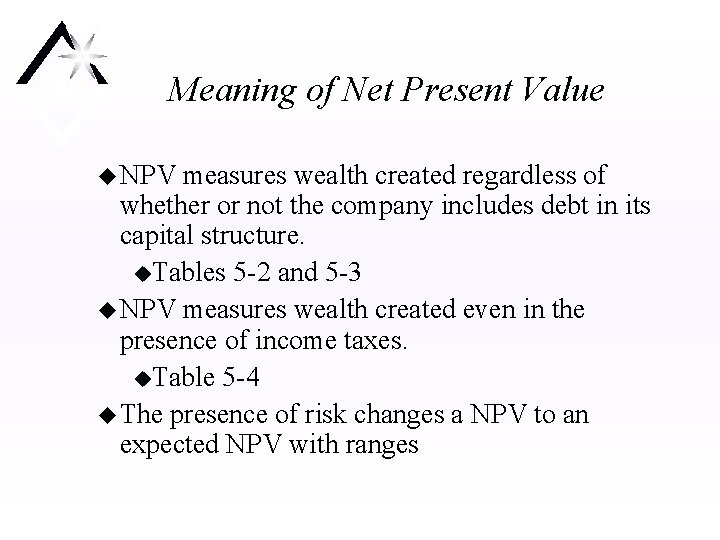 Meaning of Net Present Value u NPV measures wealth created regardless of whether or