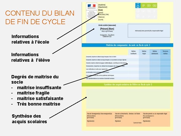 CONTENU DU BILAN DE FIN DE CYCLE Informations relatives à l’école Informations relatives à