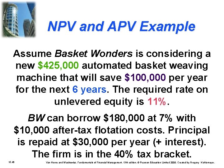 NPV and APV Example Assume Basket Wonders is considering a new $425, 000 automated