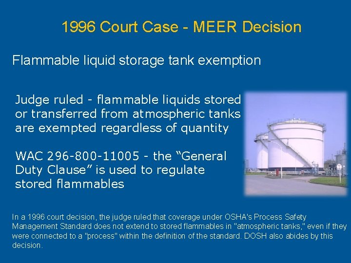 1996 Court Case - MEER Decision Flammable liquid storage tank exemption Judge ruled -