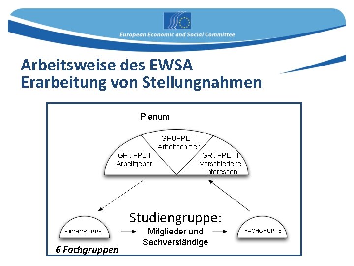 Arbeitsweise des EWSA Erarbeitung von Stellungnahmen Plenum GRUPPE II Arbeitnehmer GRUPPE I Arbeitgeber GRUPPE