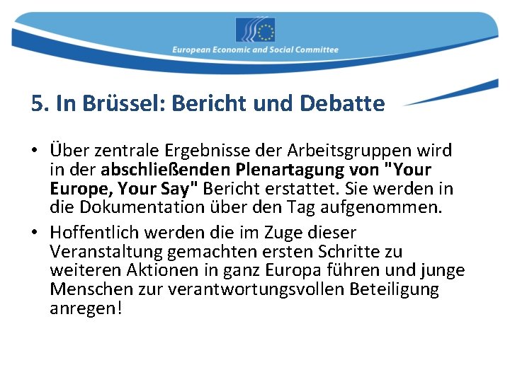5. In Brüssel: Bericht und Debatte • Über zentrale Ergebnisse der Arbeitsgruppen wird in