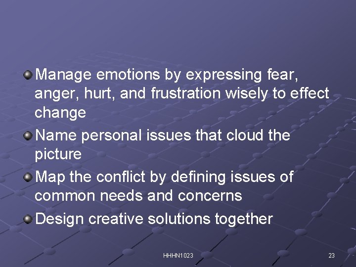 Manage emotions by expressing fear, anger, hurt, and frustration wisely to effect change Name