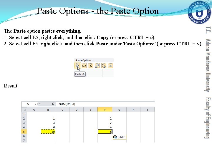 Paste Options - the Paste Option The Paste option pastes everything. 1. Select cell Paste Options - the Paste Option The Paste option pastes everything. 1. Select cell