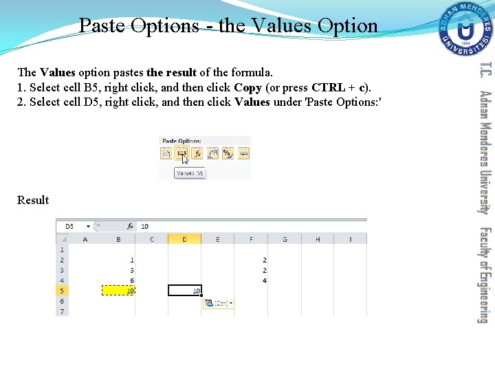 Paste Options - the Values Option The Values option pastes the result of the Paste Options - the Values Option The Values option pastes the result of the