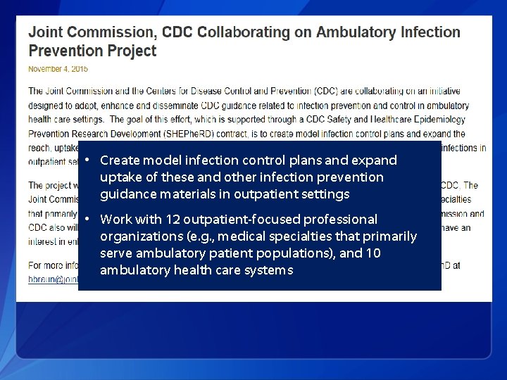  • Create model infection control plans and expand uptake of these and other